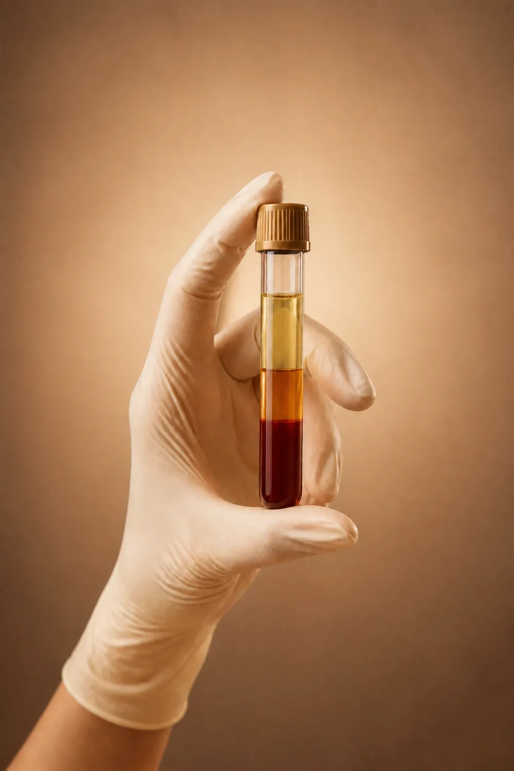 A centrifuged blood tube held in a gloved hand, plasma separated above the cells