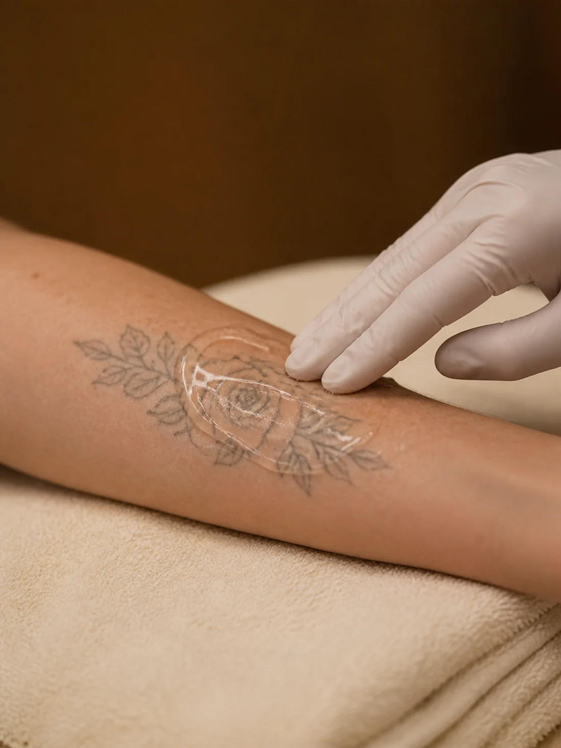 Une main gantée étale le gel sur un tatouage fin de rose, à l'avant-bras, juste avant une séance de détatouage au laser