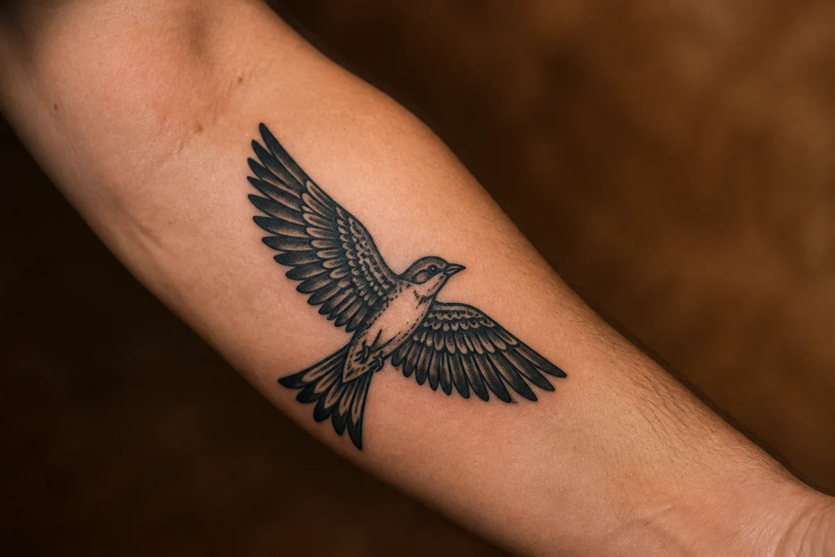 Sharp black bird tattoo on a forearm, before removal begins