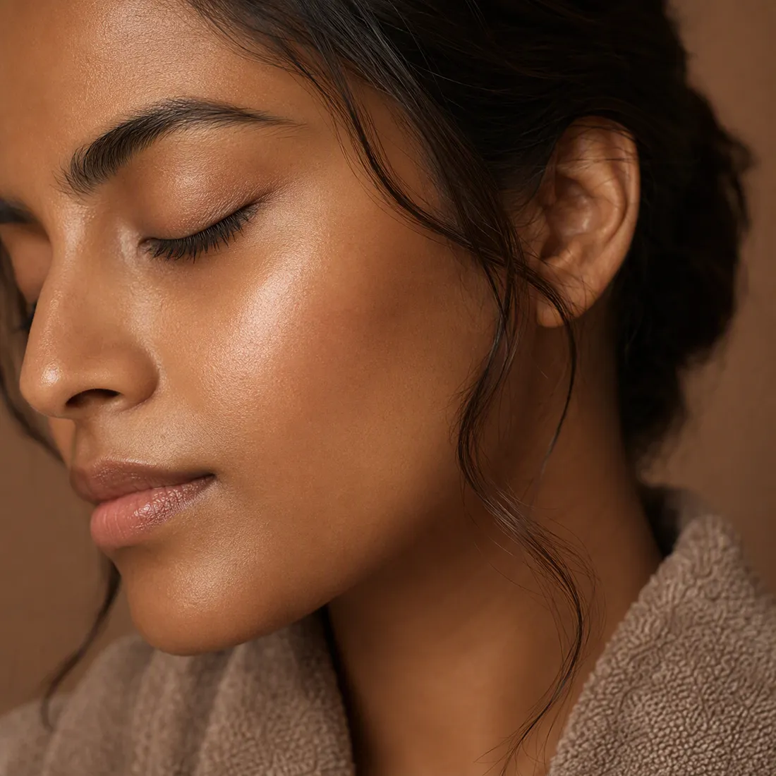 Profile of a woman with clean, luminous skin, eyes closed