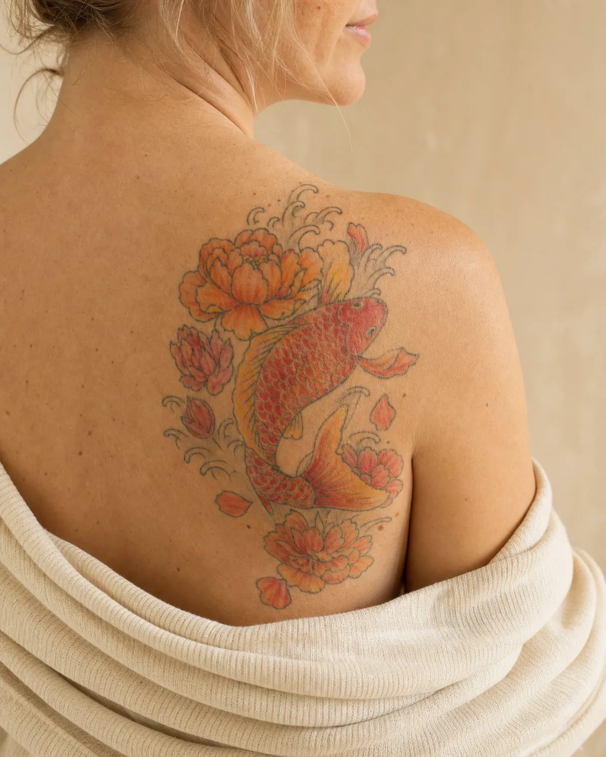 Un tatouage de carpe koï en rouge, orange et jaune sur l’omoplate.