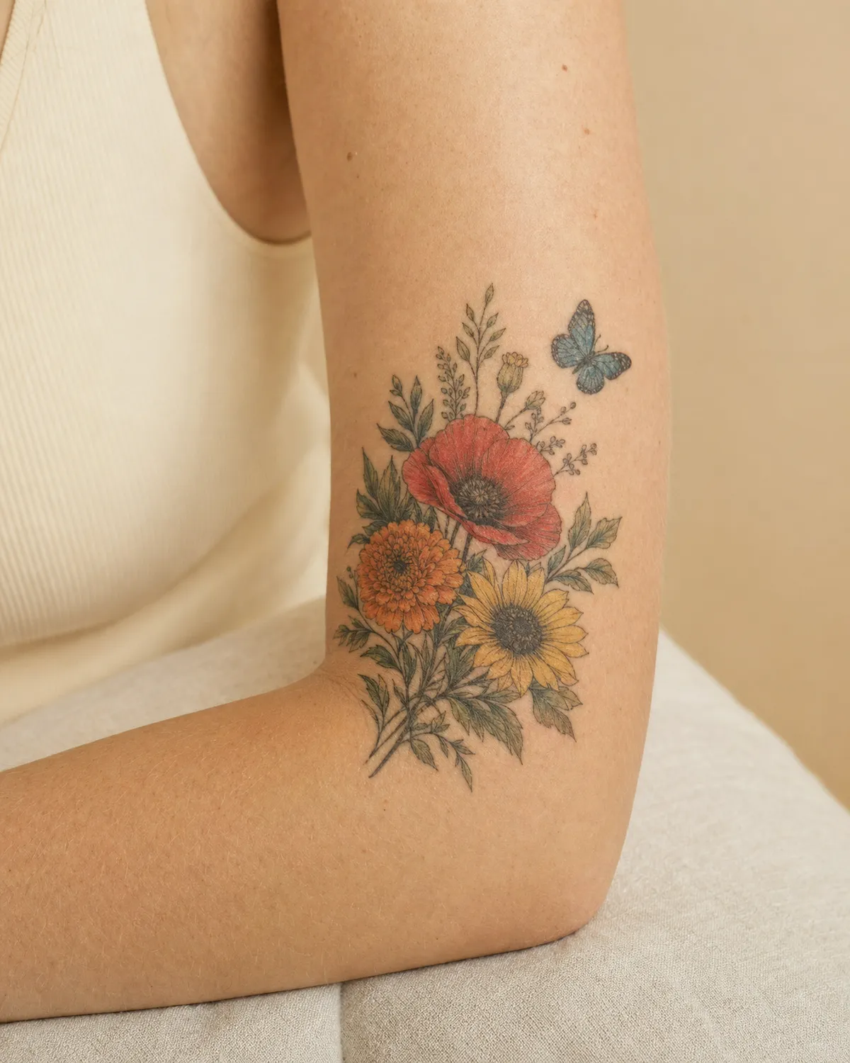Un tatouage de bouquet en couleurs sur l’avant-bras : rouge, orange, jaune, vert, bleu, noir et gris.