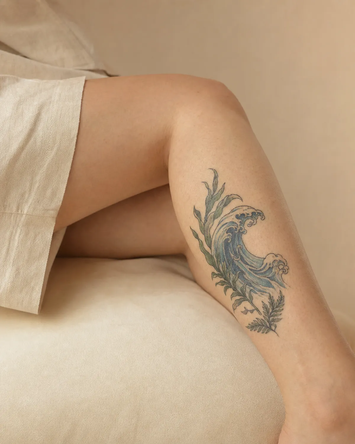 Un tatouage de vague en bleu et vert sur le mollet.