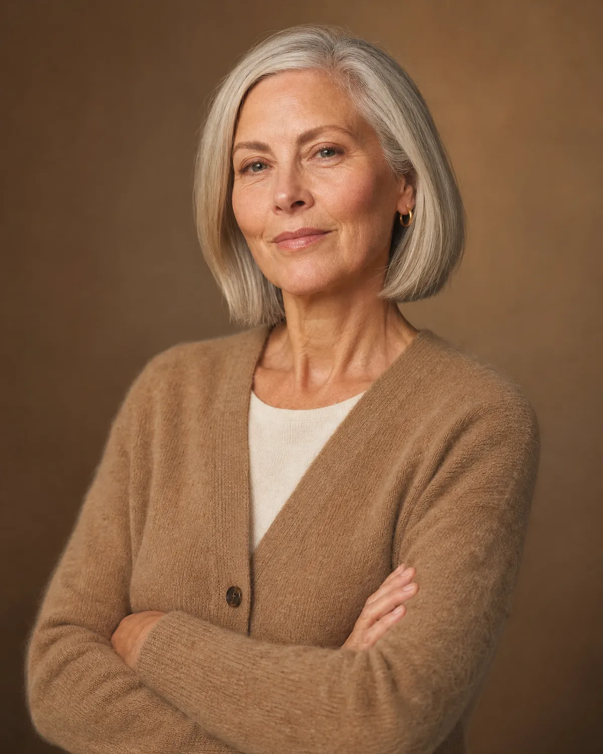 Grey-haired woman, skin firmed by radiofrequency