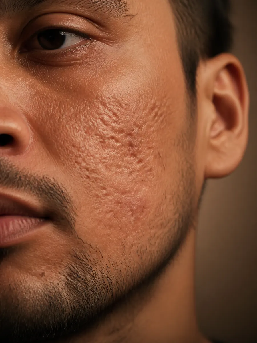 Pitted acne scars on the cheek, revealed by raking light