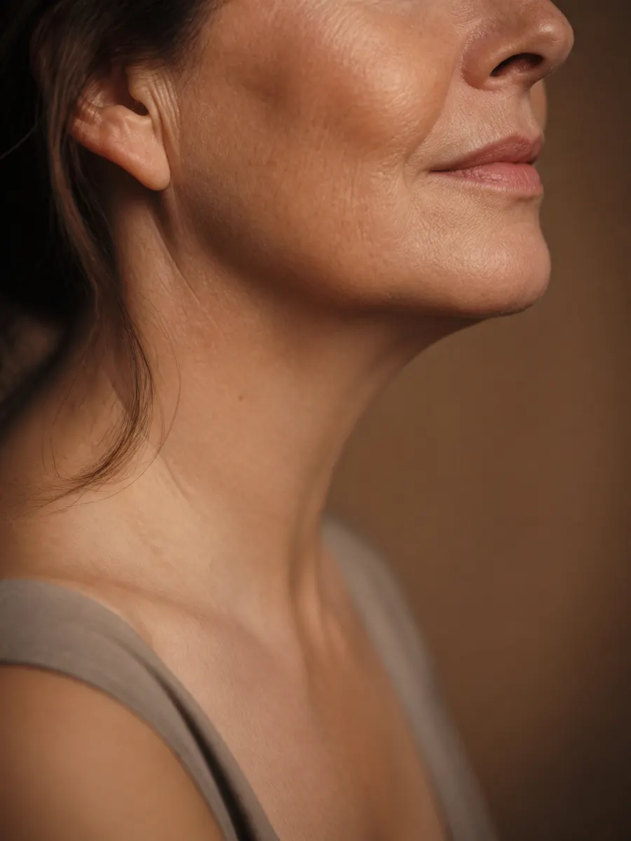 An undefined jaw blending into the neck with no clear angle