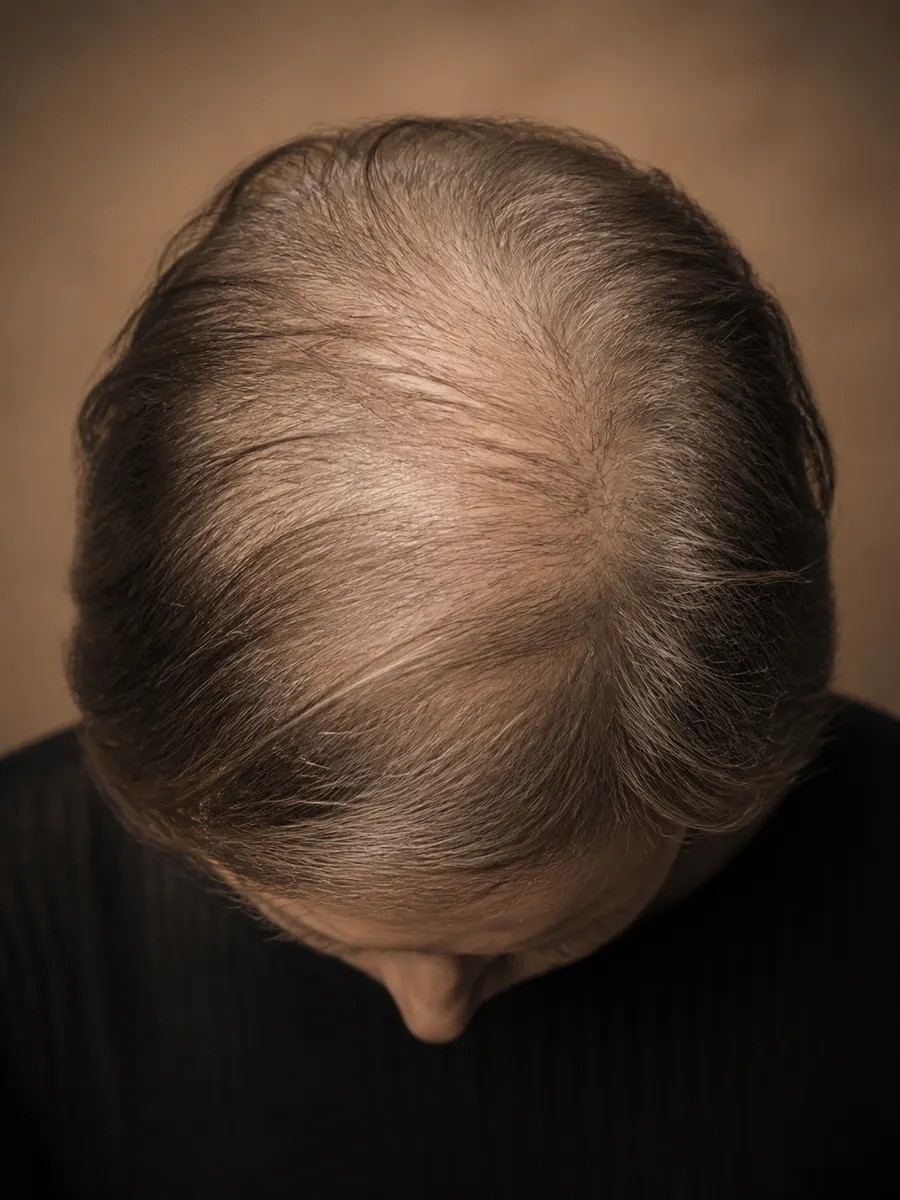 A scalp broadly visible on top, advanced hair loss in a woman