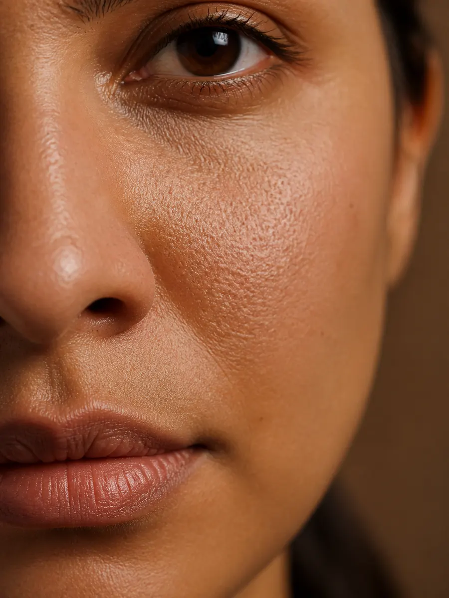 Enlarged pores and uneven skin grain beside the nose