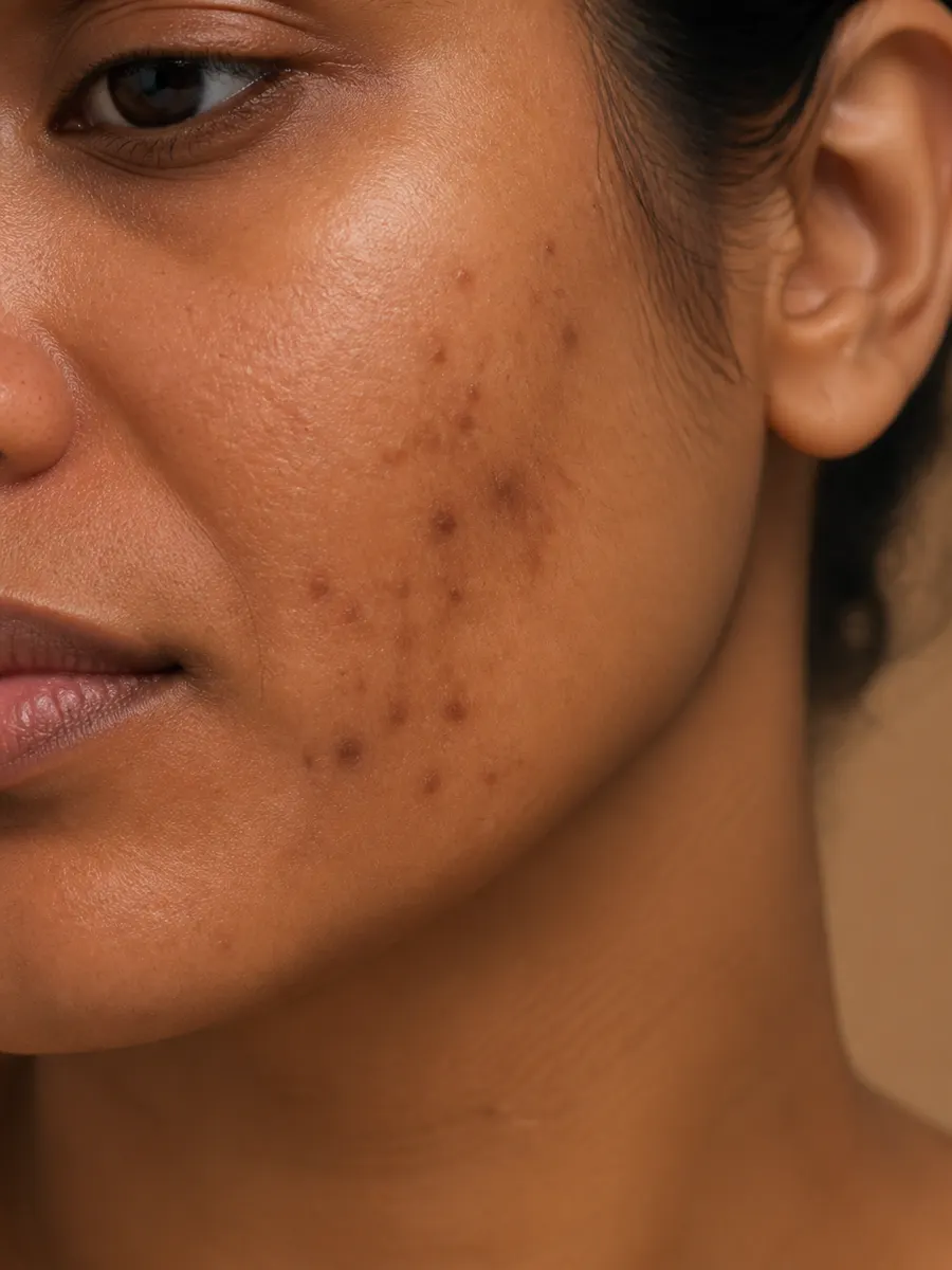 Brown marks left on the cheek by healed breakouts