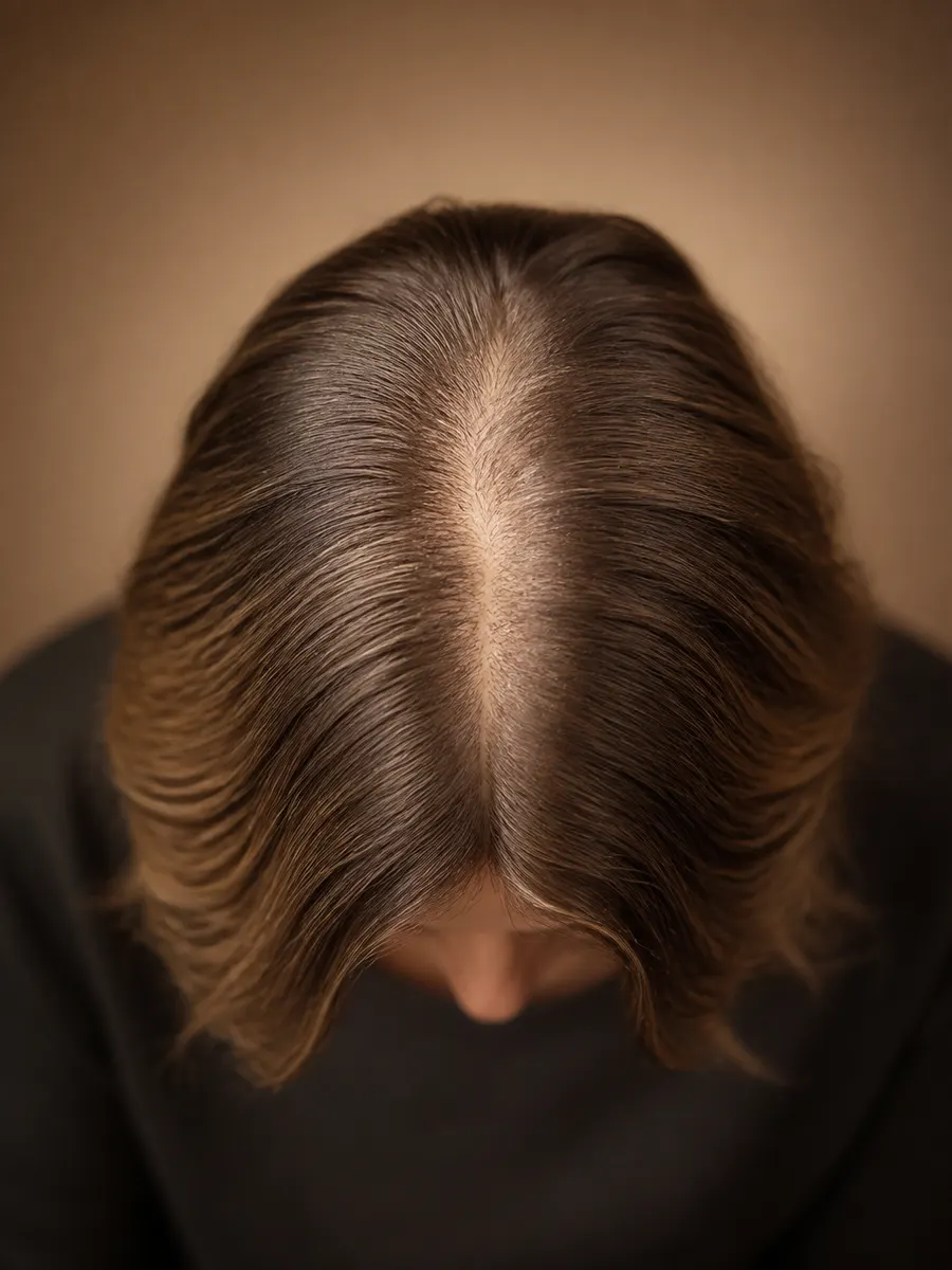 A widening part at the top of the scalp, hormone-driven loss