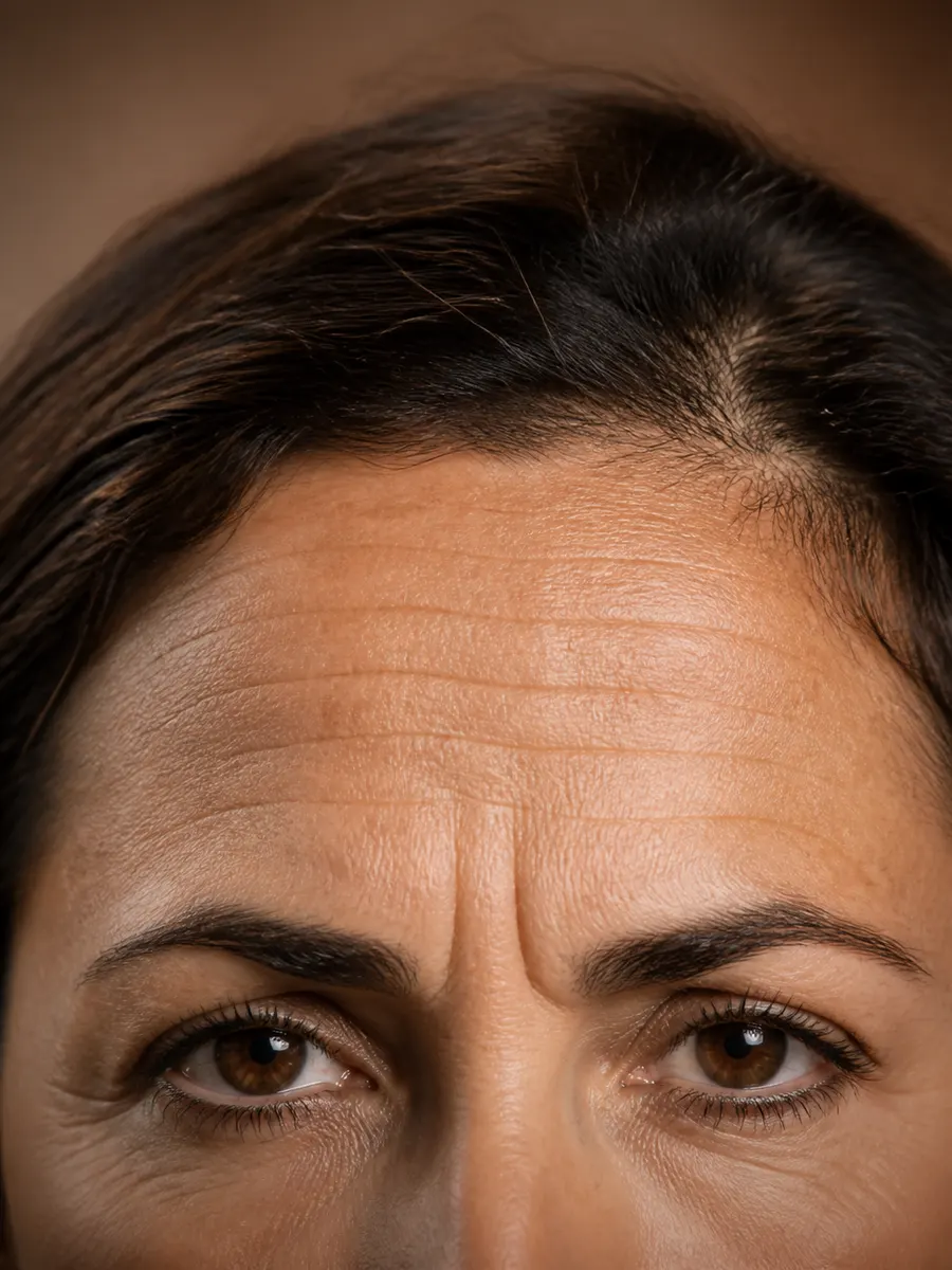 A forehead marked with horizontal lines and a frown line at rest