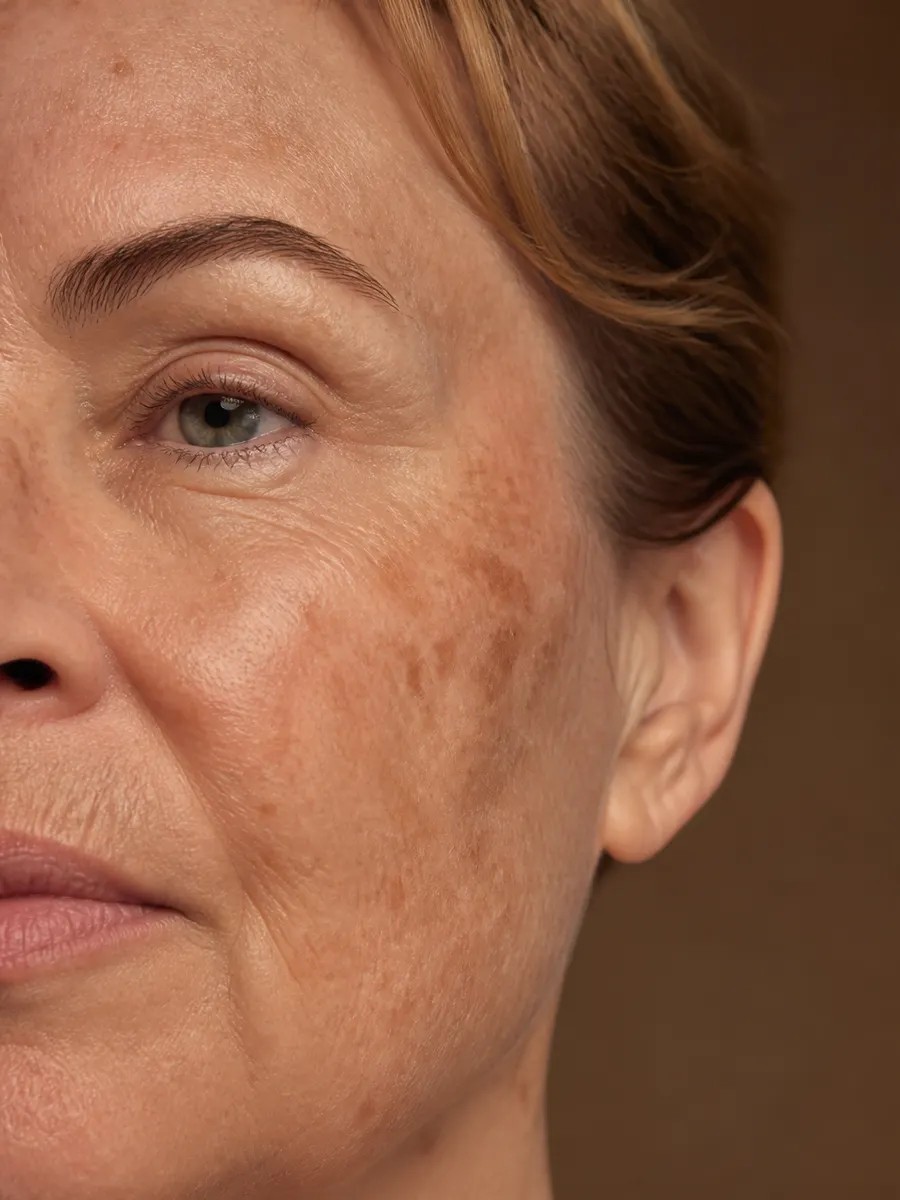 A cheekbone covered in brown spots left by the sun