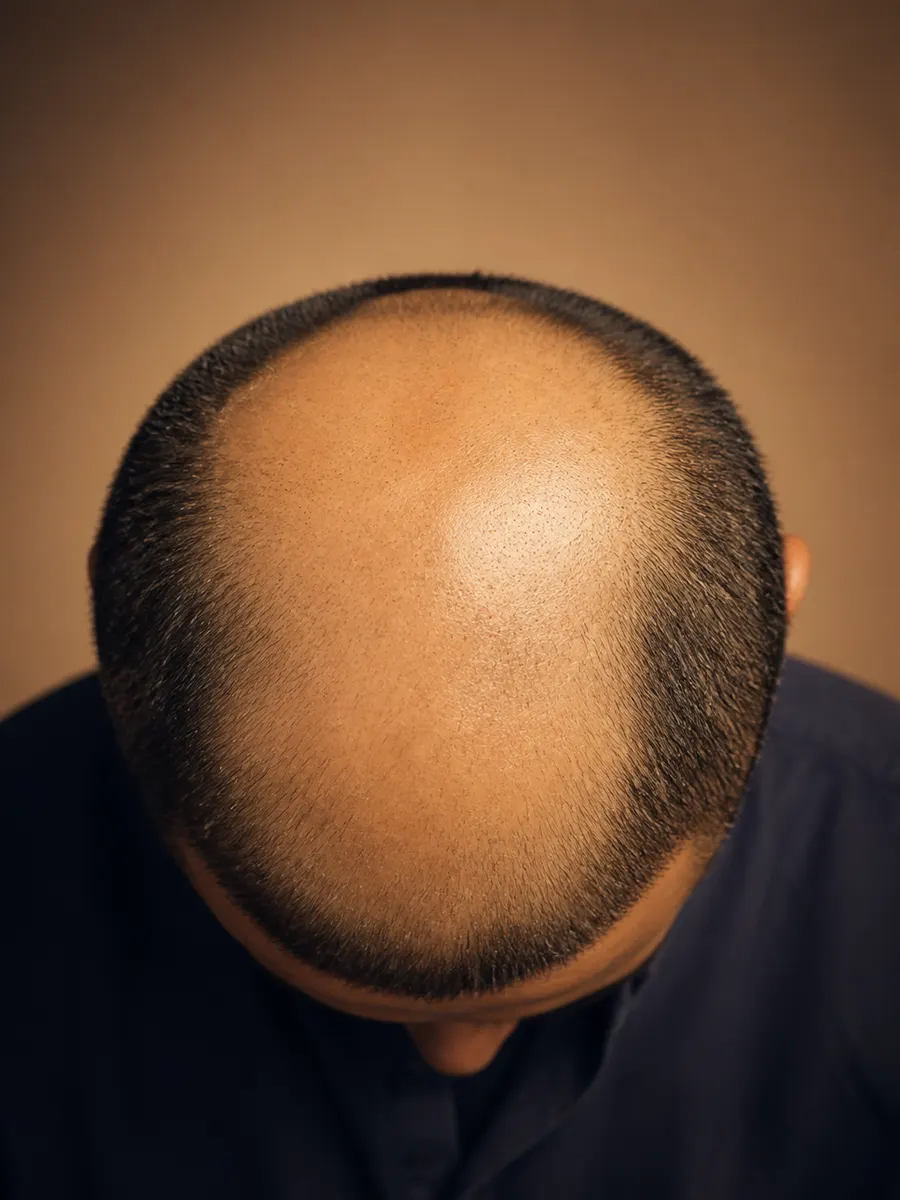 A fully bald zone at the crown, where the follicle has long been dormant